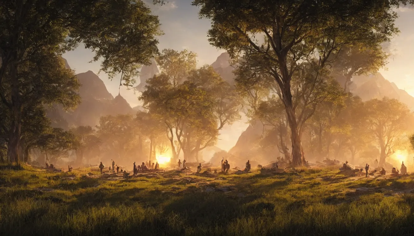 Prompt: beautiful render of an indegenous tribe, unreal engine, first light, teepee, paths, lush grass, sunrise, encampment, soft light, forest, campfires in the foreground, by greg rutkowski, cgsociety