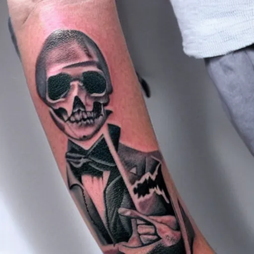 Prompt: a tattoo of the album cover for the black album by the damned