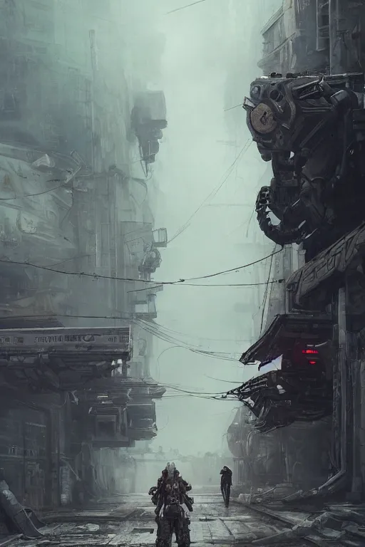 Image similar to ultra realist and ultra intricate detailed soft painting of a large mech, standing in a post-apocalyptic street, sensual gloomy style, volumetric clouds, artstation, unreal render, depth of field