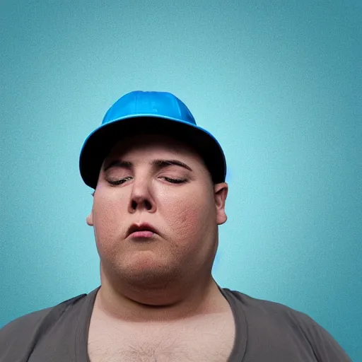 Image similar to crying obese man wearing a blue cap with a P on it