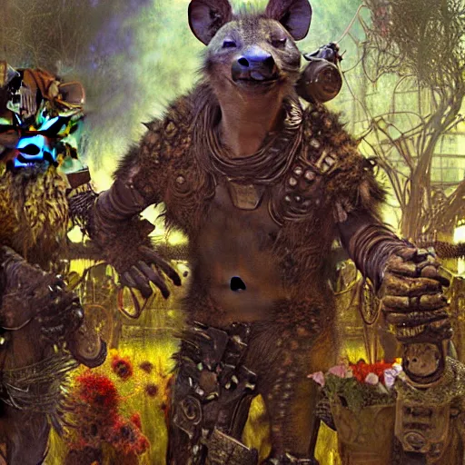 Image similar to portrait of a hyena gnoll as a florist. shadowrun furaffiniy cyberpunk fantasy highly detailed painting by gaston bussiere craig mullins jc leyendecker gustav klimt artgerm greg rutkowski john berkey, bergey, craig mullins, ruan jia, raymond swanland, jeremy mann, tom lovell, alex malveda