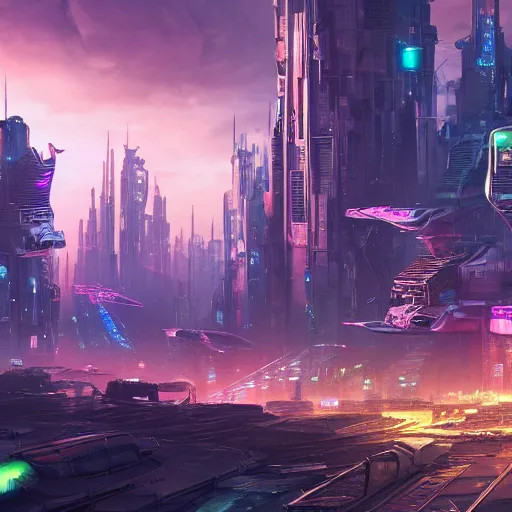 Image similar to futuristic city with neon lights and flying cars panoramic view surrounded by post apocalyptic wasteland, concept art, 4 k, intricate detail, sharp focus, by feng zhu