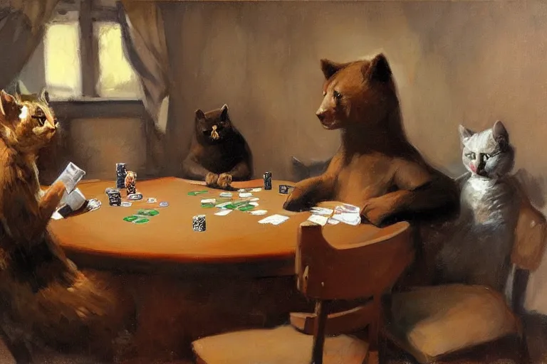 Image similar to 2 animals, cat, bear, playing poker, highly detailed beautiful, by gregory manchess, james gurney, james jean