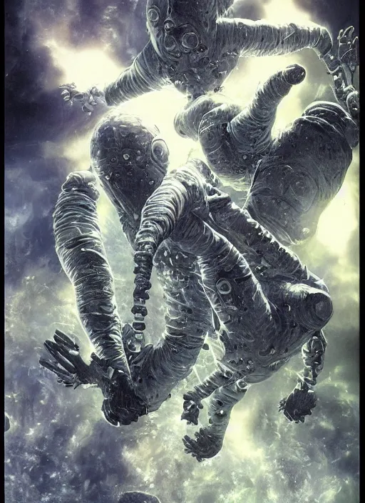 Image similar to astronauts divers in dark void underwater - complex and hyperdetailed technical suit design. reflection and dispersion materials. rays and dispersion of light. volumetric light. f / 3 2. noise film photo. flash photography. ultra realistic, 5 0 mm. poster by wayne barlowe, hajime sorayama aaron horkey, craig mullins