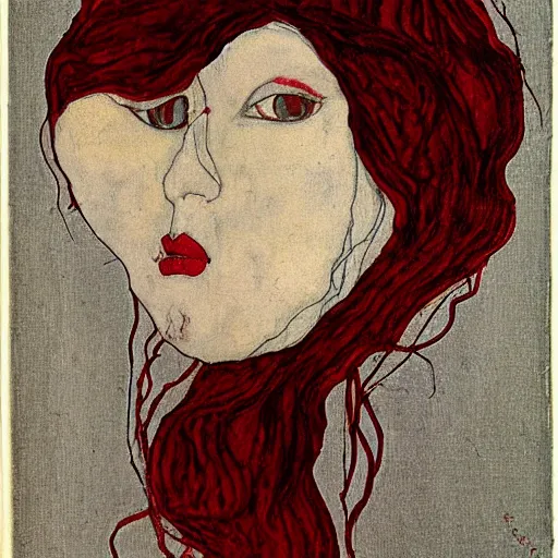 Prompt: Woman bee with red lips and long white hair Engrah Schiele style