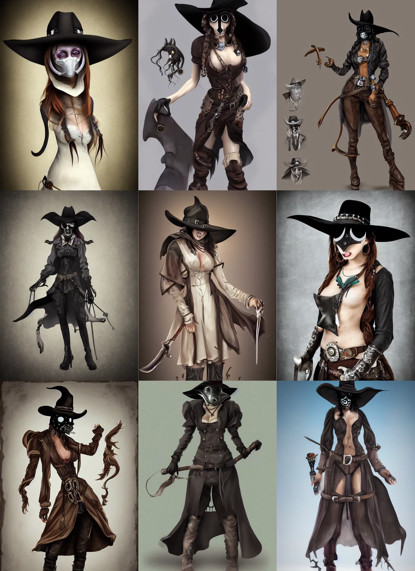 Prompt: cowgirl plague doctor with a beautiful face, full body concept, matte painting, anime style