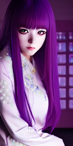 Prompt: a professional portrait of Kyoko Kirigiri, a young adult Japanese woman with long pale lavender hair with bangs, purple eyes, a mysterious expression, black gloves, symmetrical features, realistic 8k professional photography, midday lighting, mystery and detective themed, octane, volumetric lighting, 70mm