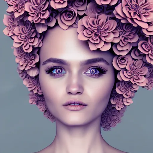 Image similar to beautiful blonde lady in a 3D flower dress , hyperrealistic, ultra detailed, octane render, symmetric, 3d, majestic, dark fantasy, intricate