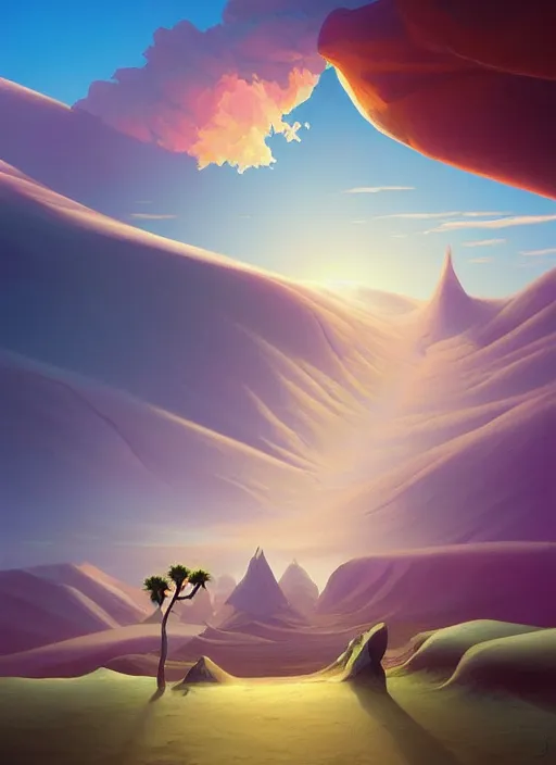 Prompt: crystal desert, extremely detailed oil painting, rhads, studio ghibli, digital art, a landscape painting of a desert with large crystals, trending on artstation, masterpiece