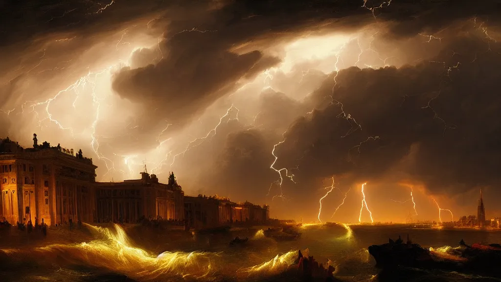 Image similar to Madrid painted by Thomas Cole with dramatic lightning, concept art, matte painting, 8k, highly detailed, artstation