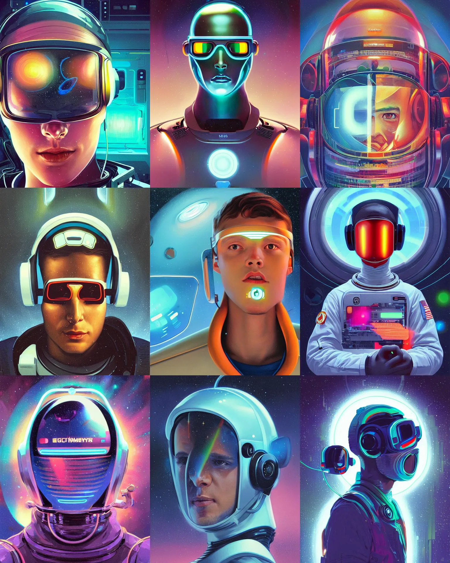 Prompt: future coder astronaut man looking on, sleek cyclops display over eyes and sleek bright headphoneset, neon accent lights, holographic colors, desaturated headshot portrait digital painting by dean cornwall, rhads, john berkey, tom whalen, alex grey, alphonse mucha, donoto giancola, cyberpunk electric