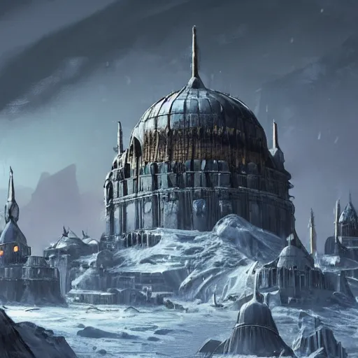 Prompt: The capital of a warhammer 40k imperial russian citadel, black domes and spires, sci fi, located in the frozen northern wastes, snow capped mountains, fantasy, highly detailed, digital painting, artstation, concept art, illustration, art by Bayard Wu and Marc Simonetti and Diego Gisbert Llorens