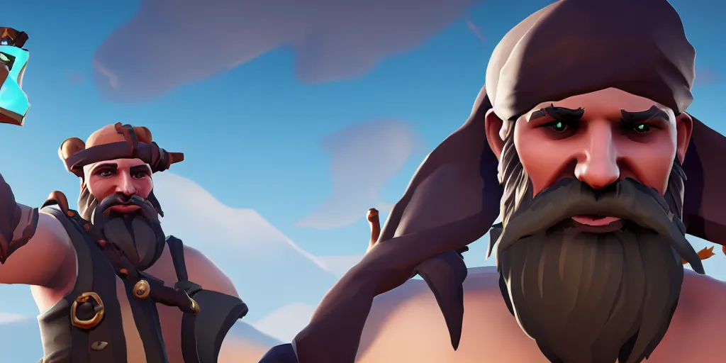 Image similar to selfie of a sea of thieves character, sea of thieves screenshot, storm, unreal engine, digital art, white beard, white hair, eye patch