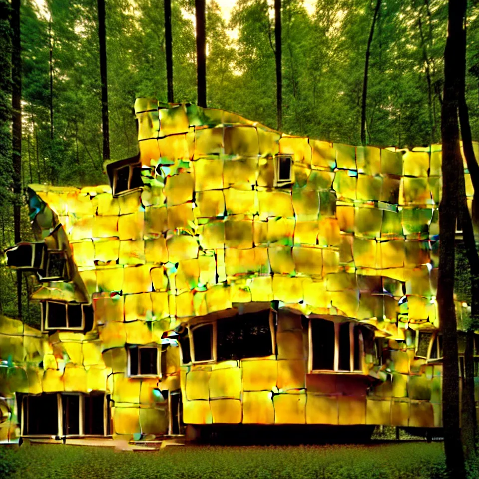 Image similar to a flat leveled house with big tiles in a forest, designed by Frank Gehry and more van der rohe. Film grain, cinematic, yellow hue