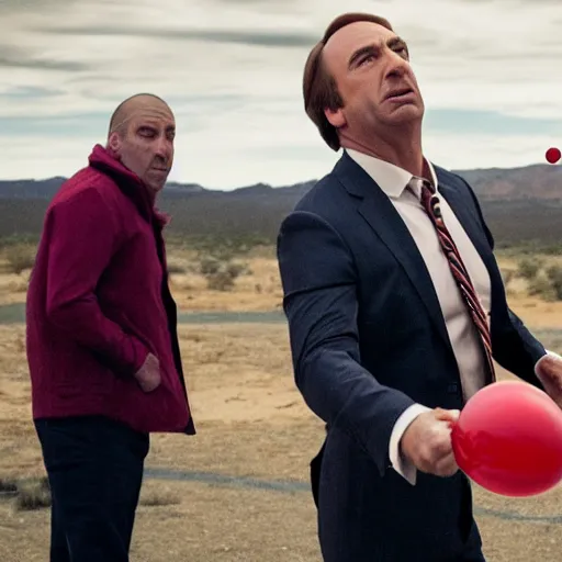 Image similar to saul goodman throwing dart at red ballon, still from better call saul