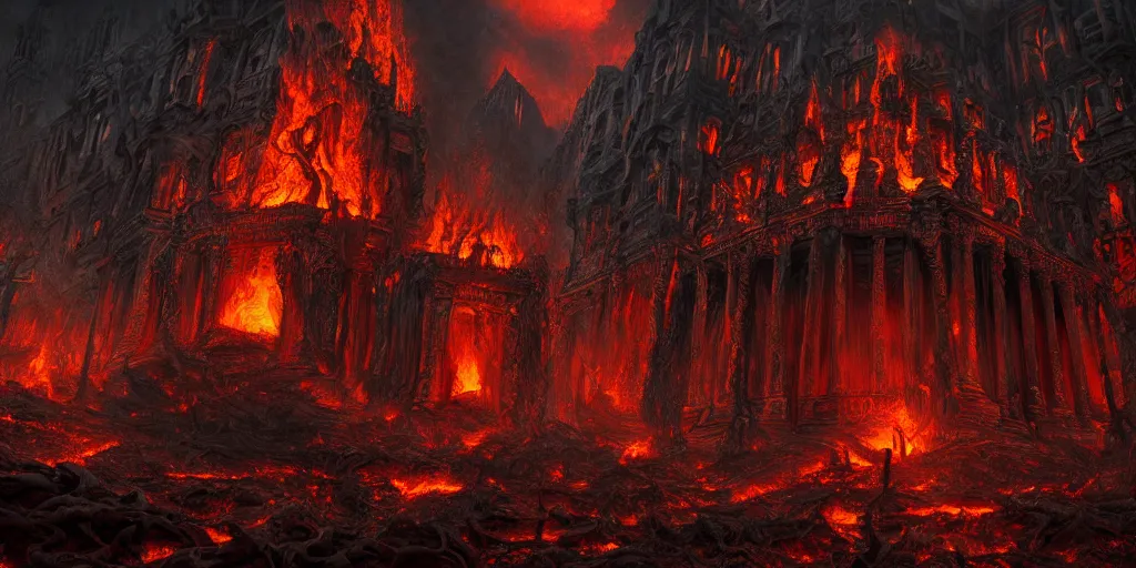 Image similar to a disturbing temple of the undead, grimdark feeling of horror, fire and lava, in psychodelic style of Midjourney, stylized, 8k high details, detailed and intricate, elegant, ornate, horror, elite, ominous, haunting, beautiful digital painting, cinematic, cgsociety, artstation, octane render, 8k, unreal engine