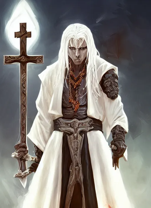 Image similar to a highly detailed illustration of sadistic white haired tanned african priest wearing white robe, wielding bloody cross sword, gothic church background, intricate, elegant, highly detailed, centered, digital painting, artstation, concept art, smooth, sharp focus, league of legends concept art, wlop