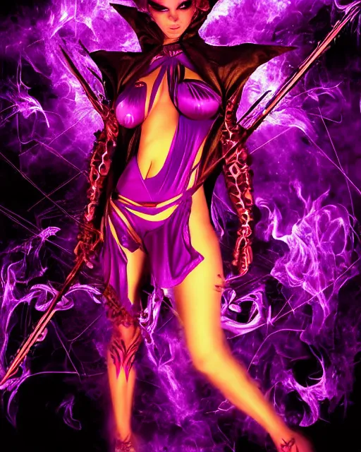 Image similar to pyromancer devil girl cover in purple death flames, deep pyro colors, purple laser lighting, award winning photograph, radiant flares, intricate, various refining methods, micro macro autofocus, evil realm magic painting vibes