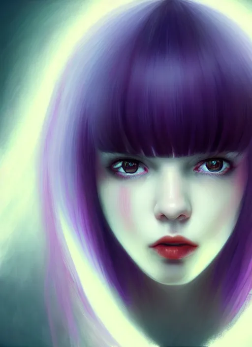 Image similar to hair whitebangs hair, black hair, whitebangs, portrait of teenage girl with white bangs, red irises, purple clothes, white bangs, bangs are different color from hair, intricate, elegant, glowing lights, highly detailed, digital painting, artstation, concept art, smooth, sharp focus, illustration, art by wlop, mars ravelo and greg rutkowski