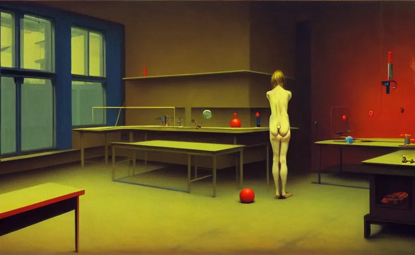 Prompt: Inside a laboratory, Edward Hopper and James Gilleard, Zdzislaw Beksinski, Mark Ryden, Wolfgang Lettl highly detailed, hints of Yayoi Kasuma