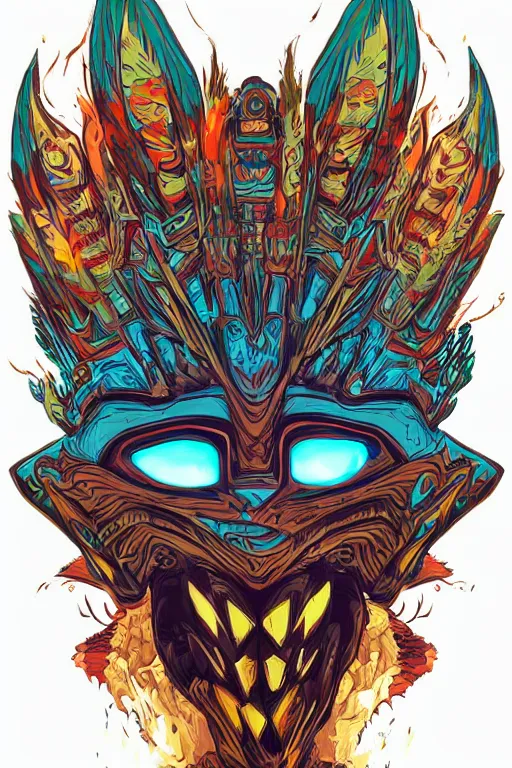 Image similar to totem animal mask tribal feather gemstone plant wood rock shaman vodoo video game vector illustration vivid color borderlands by josan gonzales and dan mumford radiating a glowing aura