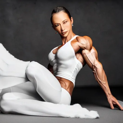 Prompt: photo of bodybuilder woman posing in white peignoir, ultra rendered extreme realism and detail, 8 k, highly detailed, realistic, photorealistic,