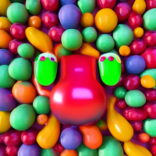 Image similar to fruit robot on colorful background, octane render, unreal render, hyperrealistic textures