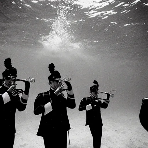 Image similar to Underwater photo of a marching band by Trent Parke, clean, detailed, Magnum photos