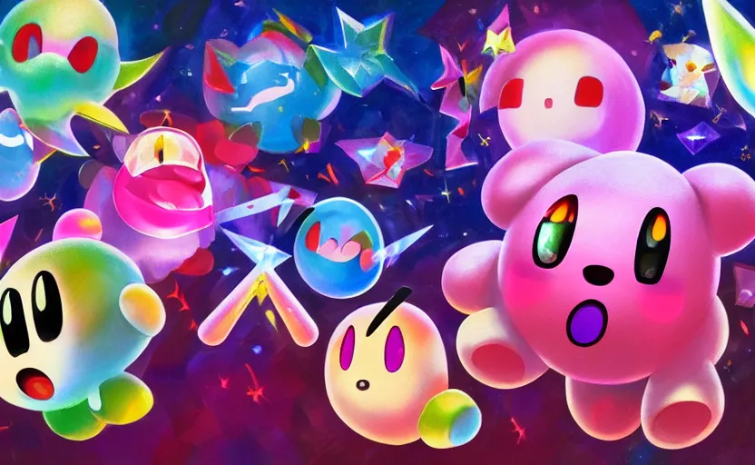 Prompt: Kirby and the crystal shards, digital painting, expressionistic, intricate detail, meticulous brush strokes, genius composition, masterpiece, work of art, 4k wallpaper