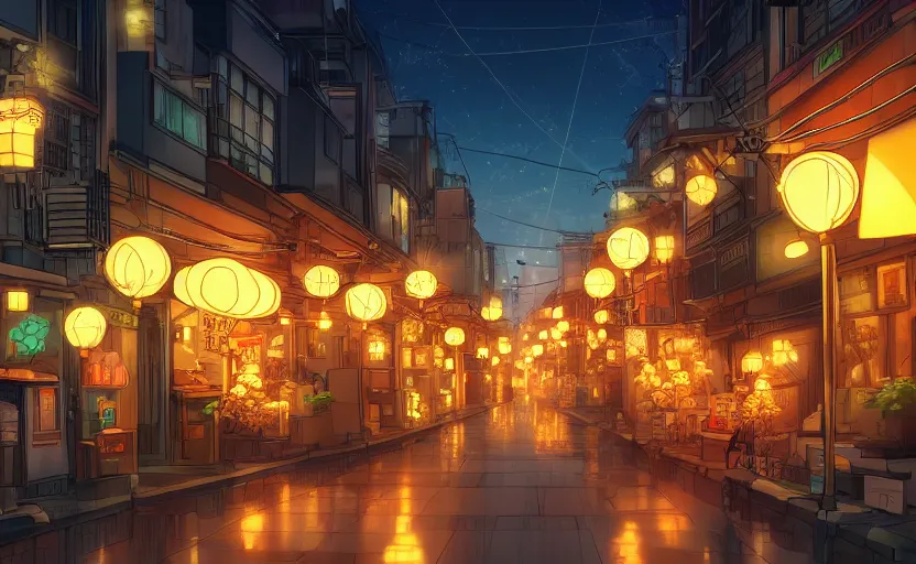 Prompt: a beautiful street in a beautiful Japanese city, at night, street lights, anime style, in the style of ForD Nguyen on ArtStation and Zenifune on ArtStation, 4k,