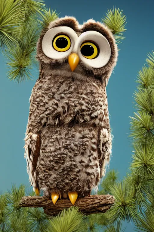 Prompt: funny disheveled owl sits on a pine tree. pixar disney 4 k 3 d render funny animation movie oscar winning trending on artststion and behance. oscar award winning.