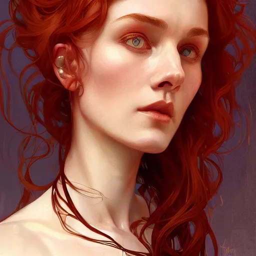 Image similar to A full portrait of Nordic female, 30 years old, brown red long hair, intricate, elegant, highly detailed, digital painting, artstation, concept art, smooth, sharp focus, illustration, art by Krenz Cushart and Artem Demura and alphonse mucha