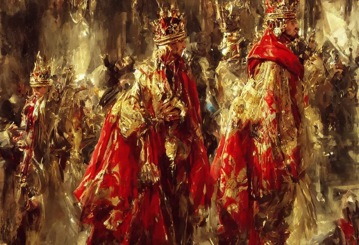 Prompt: oil painting of king, red royal cape, large golden crown, rich jewellery, art by anders zorn, wonderful masterpiece by greg rutkowski, beautiful cinematic light, american romanticism by greg manchess, creation by tyler edlin