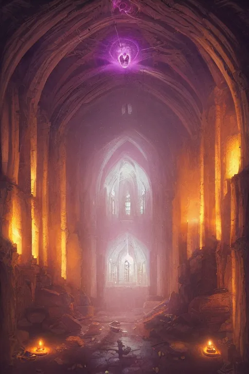 Prompt: Detailed Interior of Monastery Ruins, Dark Purple Glow, light of god, light shafts, candles, stunning atmosphere, in Style of Peter Mohrbacher, cinematic lighting