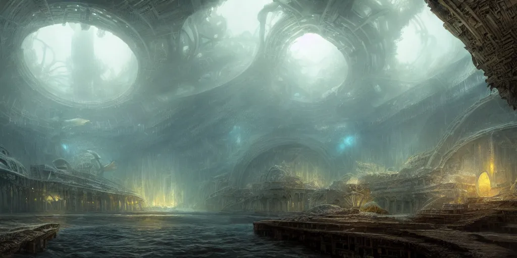 Prompt: a highly detailed concept art 8 k render of the lost underwater city atlantis, cinematic lighting, hugh ferriss, james paick, greg rutkowski, peter gric, illustration, artstation, game asset, unreal engine, digital painting, sharp focus,, golden ratio, mythological, ultra realistic, maximalist