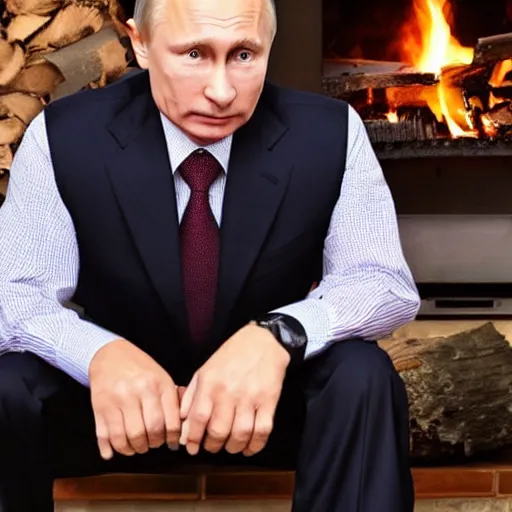 Prompt: vladimir putin in a waistcoat staring at a log fire photograoh