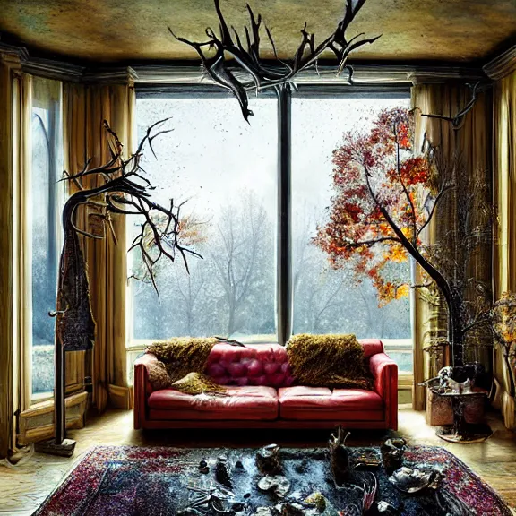 Prompt: fantastical living room with autumn chicago landscape in the window by marc adamus, beautiful dramatic lighting, overgrown with funghi, coat rack with coat hanging off, style by peter deligdisch, peterdraws