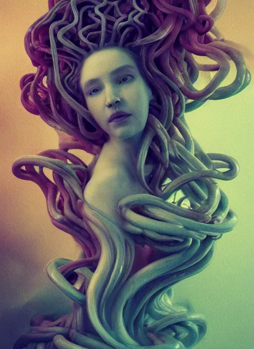 Prompt: medusa made of soft white wax, wooden art nouveau swirls, strong subsurface scattering, cables, tubes, subsurface scattering, in the style of ruan jia and beeple and giger, subsurface scattering, mystical colors, soft look, rim light, dramatic lighting, 8 k, stunning scene, raytracing, octane render, trending on artstation