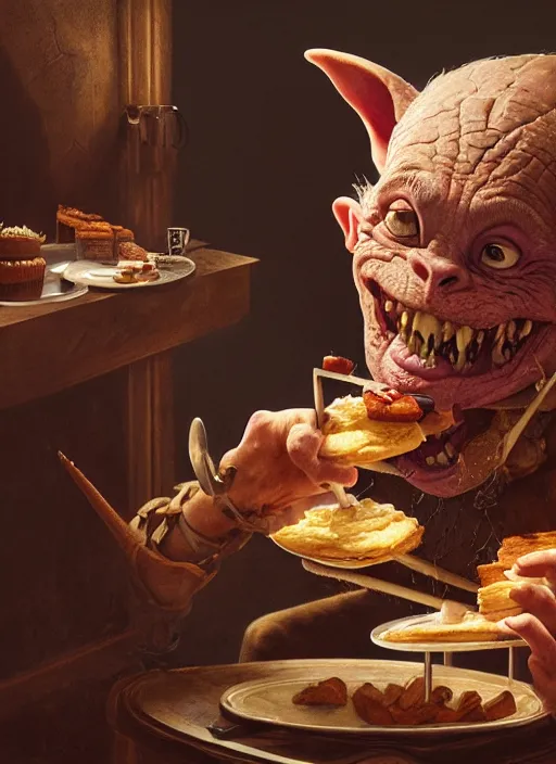 Image similar to highly detailed closeup portrait of a medieval goblin eating cakes, stephen bliss, unreal engine, greg rutkowski, ilya kuvshinov, ross draws, hyung tae and frank frazetta, tom bagshaw, tom whalen, nicoletta ceccoli, mark ryden, earl norem, global illumination, god rays, detailed and intricate environment