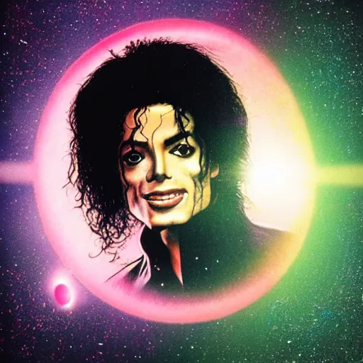 Prompt: photorealistic cyberwave michael jackson pushing inside out a space galaxy circle, xscape ii album cover