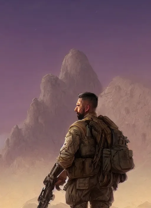 Image similar to purple scene lighting, detailed character portrait!!! concept art, strong muscular white male, soldier with beard, short hair, in a soldier uniform, desert with city in the background, sharp focus, illustration, highly detailed, digital painting, concept art, matte, art by wlop and artgerm and greg rutkowski, masterpiece