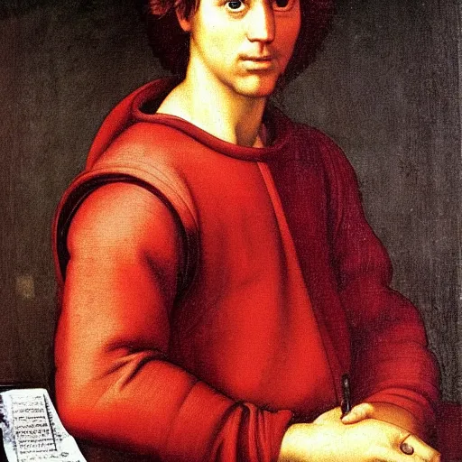 Prompt: a portrait of the painter Raphael. in the style of Raphael. 16th century Italian oil painting.