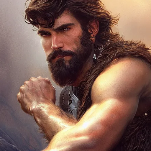 Image similar to portrait of a young, ruggedly handsome ranger, soft hair, muscular, half body, leather, hairy, d & d, fantasy, intricate, elegant, highly detailed, digital painting, artstation, concept art, smooth, sharp focus, illustration, art by artgerm and greg rutkowski and alphonse mucha