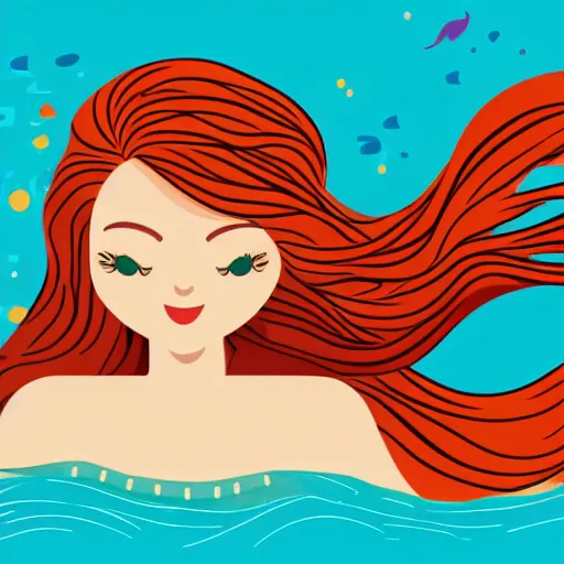 Prompt: a mermaid with multicolored hair swimming in the sea, Anthropomorphized, portrait, highly detailed, colorful, illustration, smooth and clean vector curves, no jagged lines, vector art, smooth