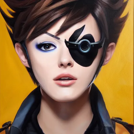 Image similar to oil painting of tracer overwatch in a field wearing very large black leather collar around neck, in style of mark arian, expressive face, very detailed face, very detailed eyes, full body, feminine face, detailed makeup on eyes, tracer overwatch,