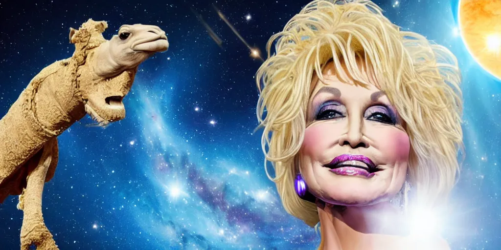 Image similar to Dolly Parton is floating in space, a camel floating in space, cosmos, black hole, infinity, James Webb Space Telescope