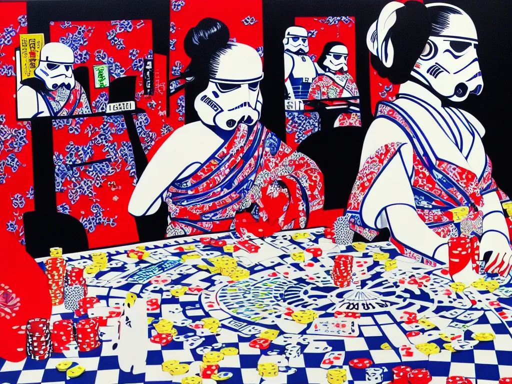 Image similar to hyperrealism composition of the detailed single woman in a japanese kimono sitting at an extremely detailed poker table with stormtrooper, fireworks, river on the background, pop - art style, jacky tsai style, andy warhol style, acrylic on canvas