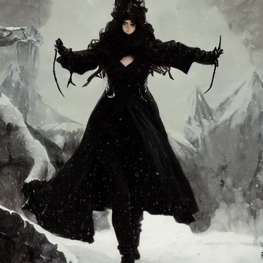 Image similar to furious dark haired women, wearing black coat, black makeup, ice mage, shooting ice, oil painting, by karl spitzweg, fantasy artwork, fantastic artwork, 4 k, trending on artstation