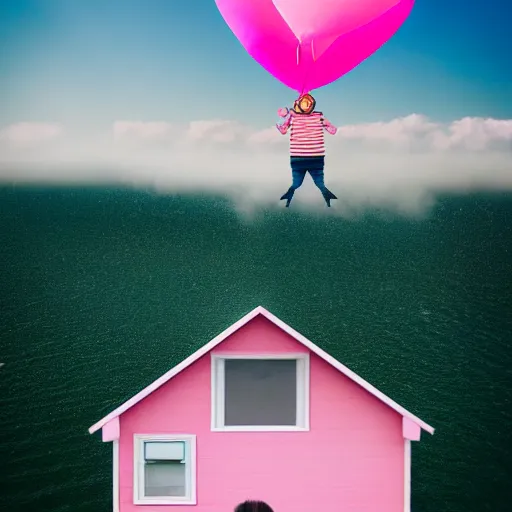 Prompt: dream a 5 0 mm lens photograph of a cute pink floating modern house, floating in the air between clouds, inspired by the movie up, held up from above by heart ballons. mist, playful composition canon, nikon, award winning, photo of the year