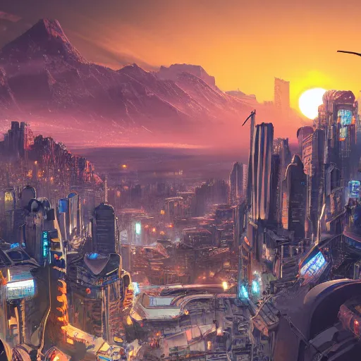 Image similar to beautiful sunset over detailed cyberpunk city in a valley surrounded by epic mountains with snowtops, sharp, highly detailed, hyperrealistic, kacper niepokolczycki, syd mead, 4 k, perfect geometry